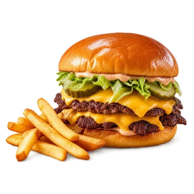 Double smashburger and fries on an example restaurant menu