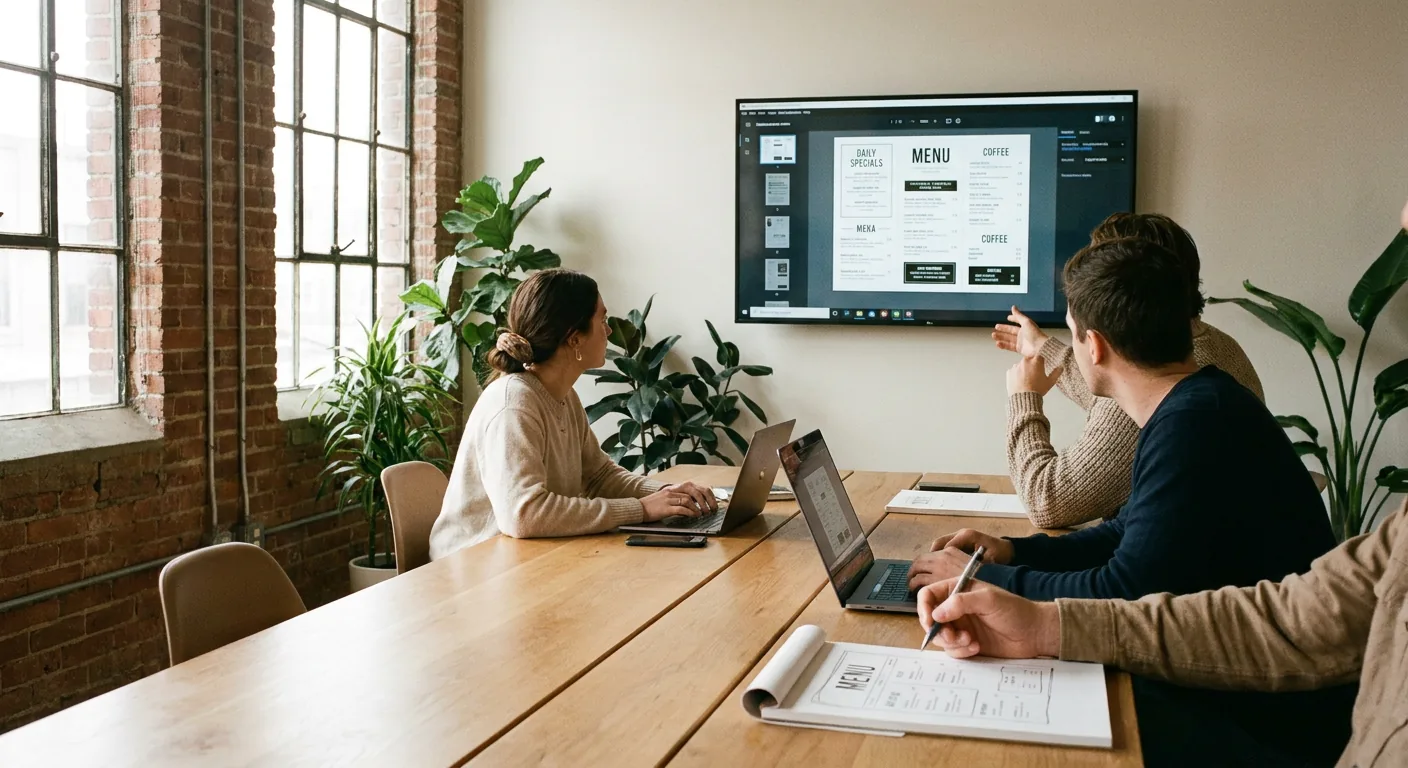 The MenuPi team reviewing a restaurant digital menu board design in the studio