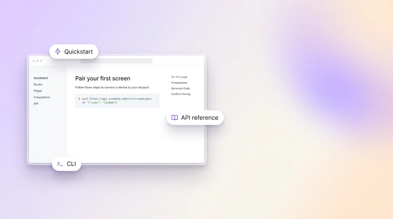 MenuPi documentation with quickstart guides, API reference, and CLI examples