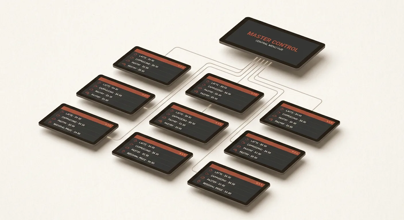 One master menu board pushing synced menus and regional pricing to nine restaurant locations