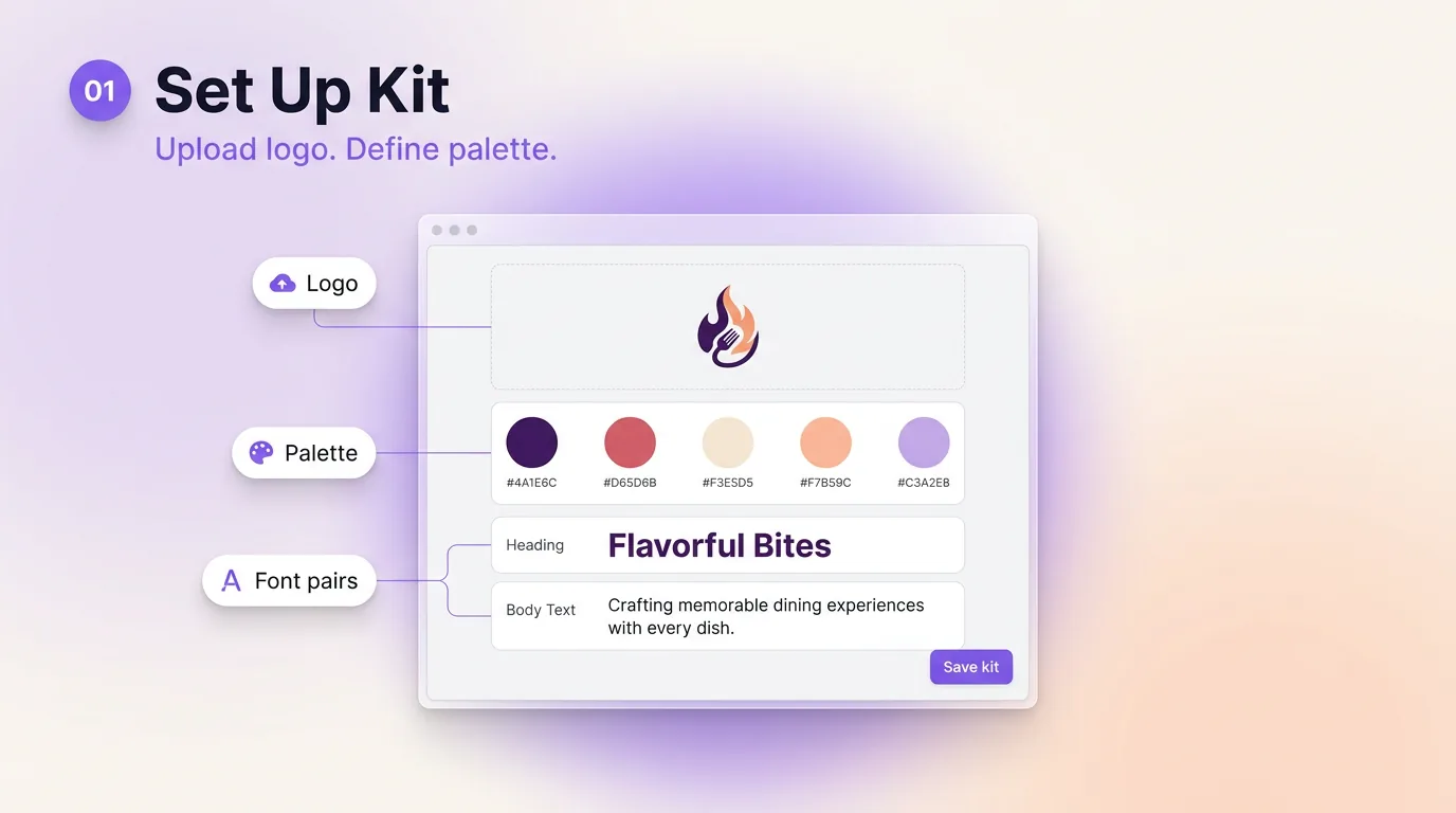 Restaurant brand kit setup with logo upload, color palette, and font pairing