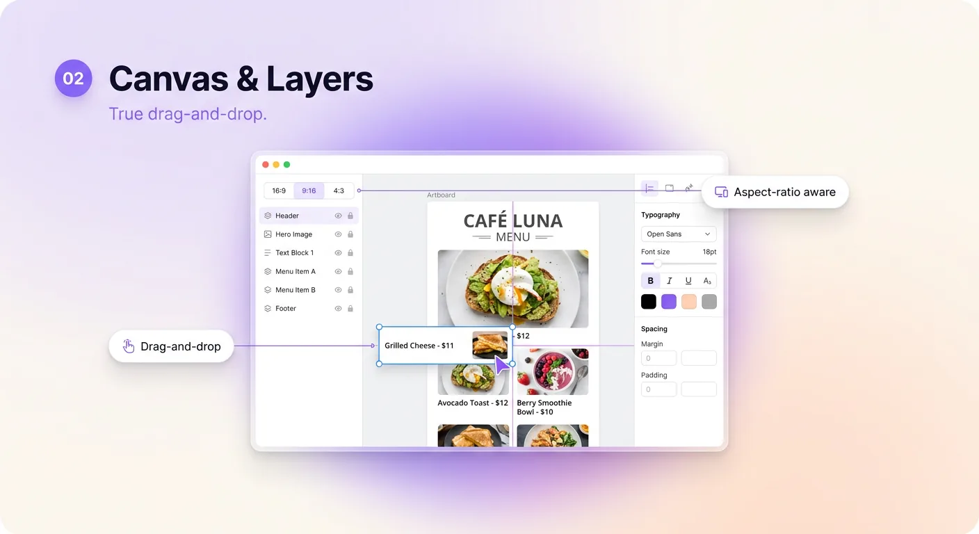 Drag-and-drop menu board editor with layers rail, artboard, and aspect ratio switcher