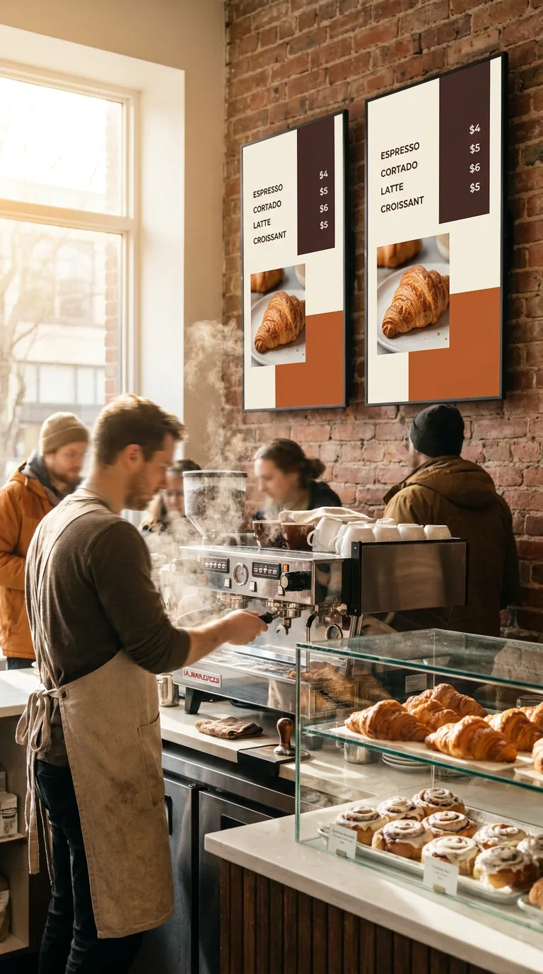 Vertical digital menu screens above a cafe espresso bar showing coffee prices and pastry photography