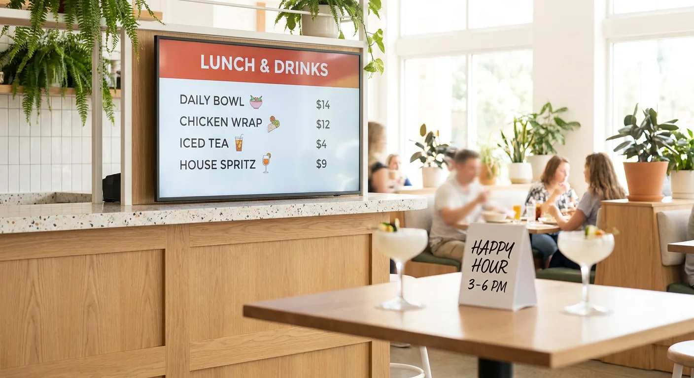 Digital lunch and drinks menu board above a casual dining restaurant bar showing prices