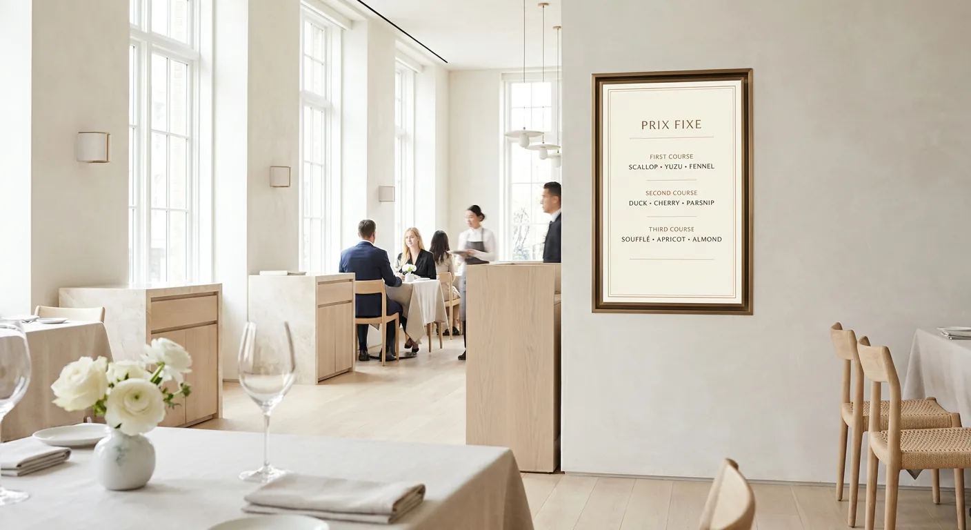 Elegant portrait digital display showing a prix fixe tasting menu in a fine dining restaurant