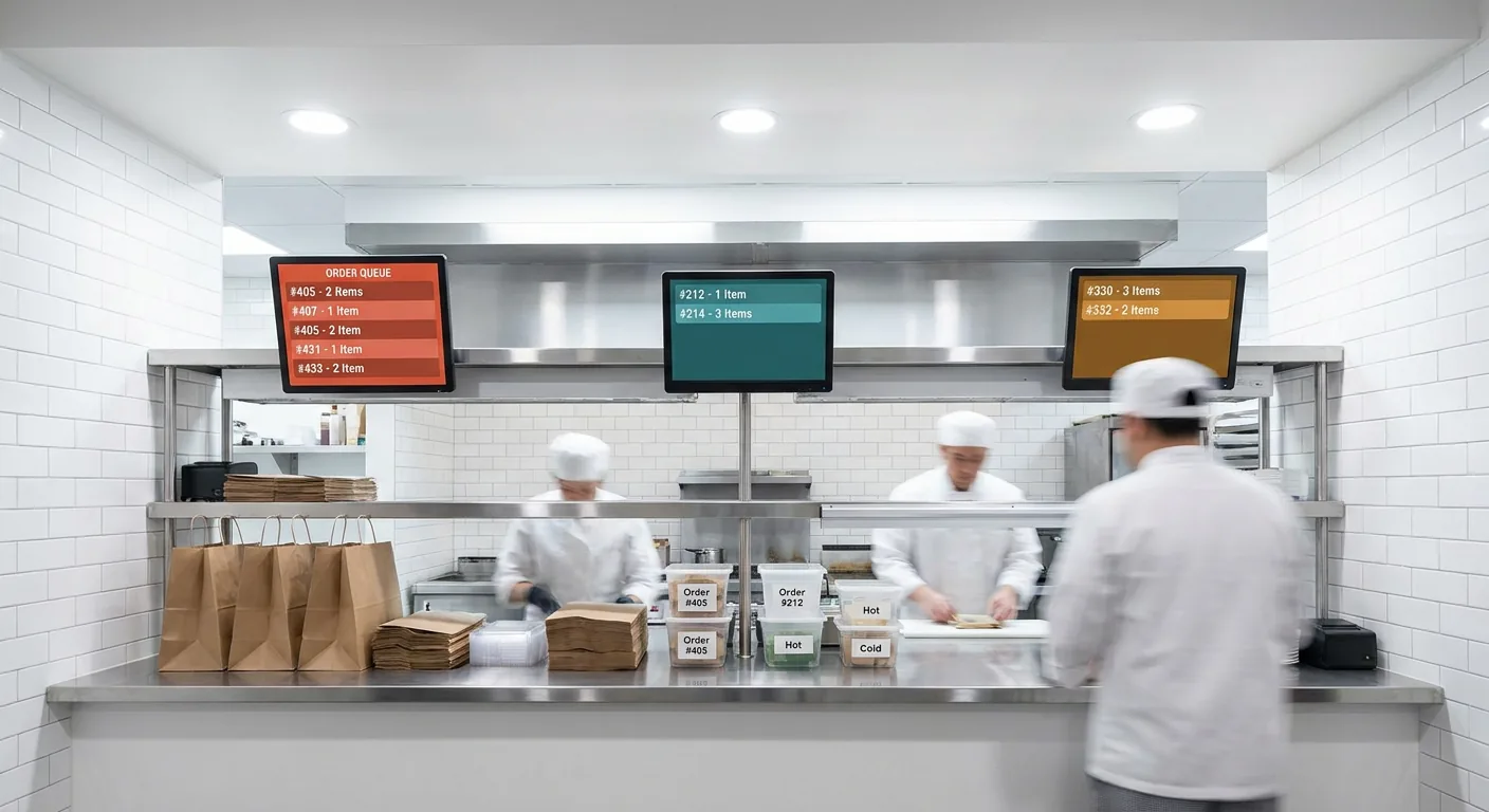 Ghost kitchen expo station with three digital screens showing order queues for different delivery brands