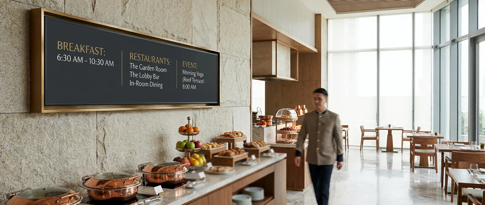 Hotel breakfast buffet digital board showing dining hours, restaurant directory, and daily events