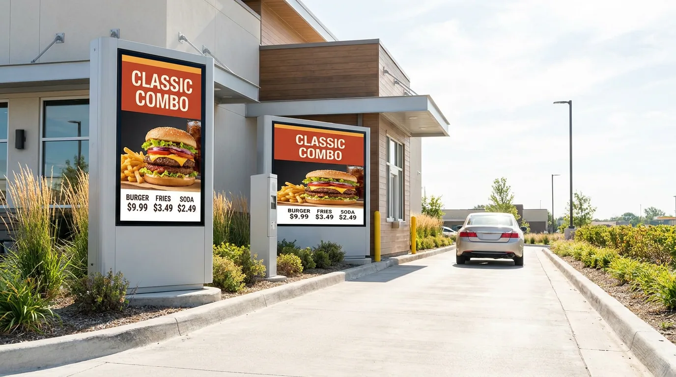 Outdoor drive-thru digital menu boards showing combo meals and prices