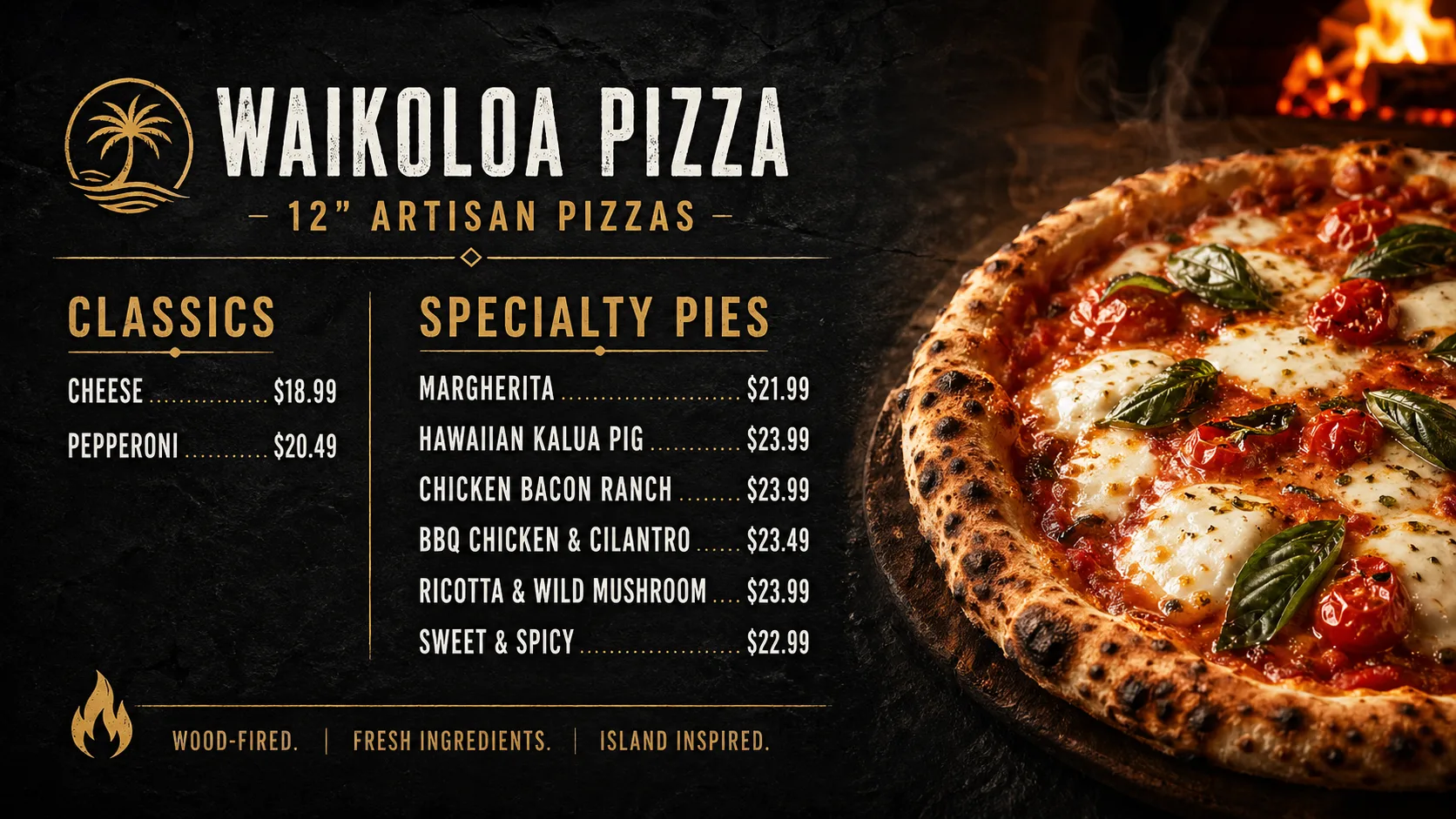 MenuPi digital menu board — Waikoloa Pizza Pizza template with live POS-synced prices